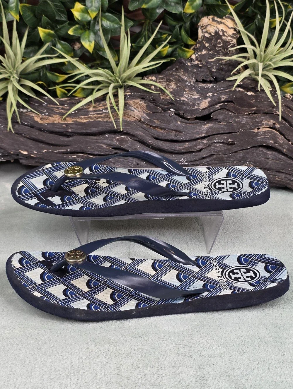 Tory Burch Blue & White Geometric Logo Print Flip Flop Sandals w/ Gold Medallion
